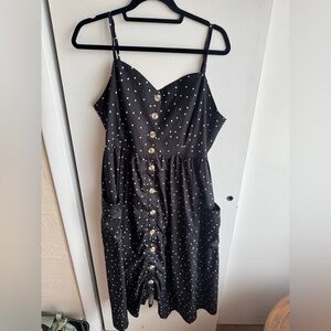 Polka Dot Button-Front Black Midi Dress with Pockets